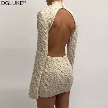 Обрат вязаный кратък пуловер Рокля за жените 2021 Есен-зима с дълъг ръкав на облегалката Дебнещ обличам Секси клуб, вечерна мини-рокля