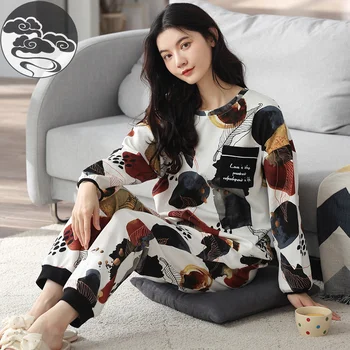 Пролет Есен Елегантен дамски пижами за сън с дълъг ръкав, Дамски пижамные комплекти Мультяшная пижами Памучни пижами M-2XL Lounge Мода