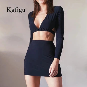 KGFIGU Комплекти от две части Дамски дрехи 2021 Пролетни дамски къси Панталони с дълъг ръкав и отворен гръб Топ и пола Елегантни къси рокли Костюми