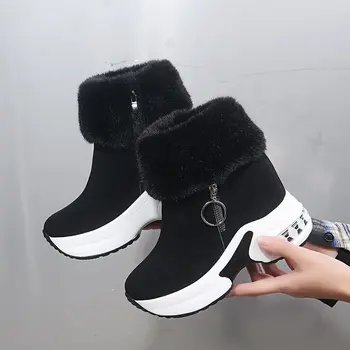 Comemore Женски ботильоны Топли плюшени зимни обувки на платформа за жени на високи токчета за дамски зимни обувки, увеличаване на височината, с дебело дъно