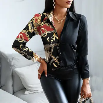 2022 Пролетно дамски модни риза с принтом с дълъг ръкав Дамски потници и блузи копчета Ежедневни ризи Офис топ Блуза, Риза Femme