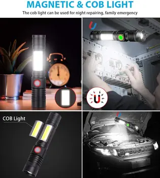 USB Акумулаторна Фенерче Магнитен led фенерче Супер Ярък със странична подсветка Водоустойчив Мащабируем Фенерче за къмпинг