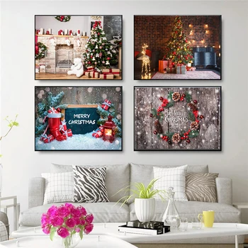 Коледна Картина върху платно Коледен Венец От коледни елхи Снежните Фонове, За Снимки Скандинавски стенно Изкуство Плакатные Картини за дома