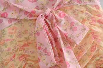 Пролет лято женствена мини рокля многоцветное мозайка с флорални принтом сексуално с v-образно деколте с къс ръкав, колани, плажен асиметричен хавлия