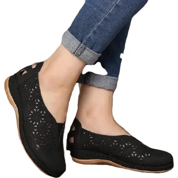 нови дамски кожени реколта сандали Жените са кухи обувки на танкетке на платформата Плюс размери за Дамски летни сандали в ретро стил мокасини