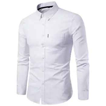 Мъжки Однотонная риза с отложным яка и дълъг ръкав, тънък работен топ с копчета джоб
