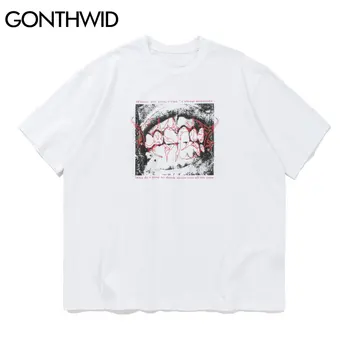 GONTHWID Хип-хоп Тениски Harajuku Творчески Устата Зъби Печат Памук Свободни Тениски Градинска Мода Ежедневни Блузи с Къс Ръкав