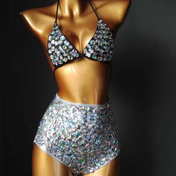 Нов комплект бикини За жени Bling Diamante Кралят сутиен Съкратен топ с кристали и Бикини с висока талия Рейв Фестивал Burning Man Инвентар Клубната облекло