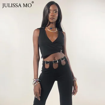 JULISSA MO Нови секси черни комплекти от две части за жени Летни потници без ръкави с V-образно деколте, тесни панталони, Ежедневни панталони, дамски градинска облекло