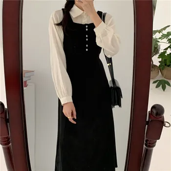 новият S XL Пролет есен костюм от 2 части блуза без ръкави, черни Реколтата, дамски рокли, Дамски рокли за момичета костюми Халат Femme Vestido