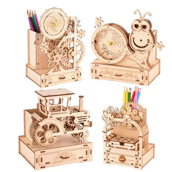 3D Дървена Пъзел Музикална Ковчег Ръчна Скоростна Кутия DIY на Писалка Притежател Модел на Строителни Комплекти caja музикални играчки за детски Коледен подарък