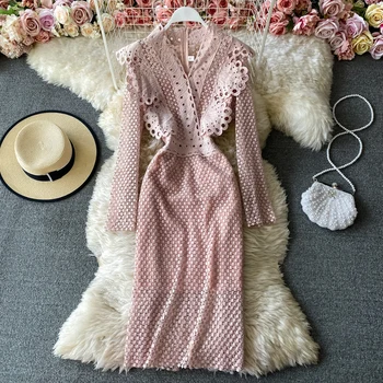 Моден дизайнер Пролет Есен Женствена рокля с дълъг ръкав от Дантела выдалбливают накъдрен Елегантни вечерни Тънък Молив Midi Прилепнали рокли
