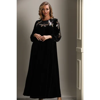 Черно бархатное рокля за жените Рокли за мюсюлмански ръкави с гумени ленти