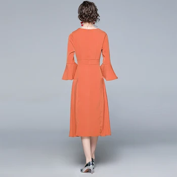 Simgent Оранжевото рокля 2021 Пролетната мода За жените с изгорени ръкави Елегантни копчета плиссированное midi Рокля Vestidos Халат Femme SG1155