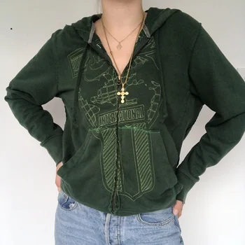 Y2K Эстетичные женски качулки с джобове Винтажное палто с цип с графичен принтом, Най-hoody за момичета, зелена есенна фея Гръндж