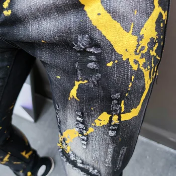 Черната Златна боя с принтом Дънкови мъжки Европейските улични дънки Панталони Хип-хоп Мотоциклетни панталони от Деним, Мода, Графичен Жан Модерен Жан Homme