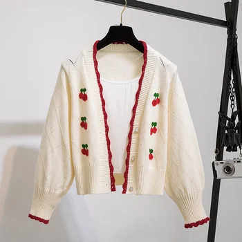 Корейски Сладък Комплект от 3 теми за жени Kawaii Череша бродерия Вязаный пуловер, Жилетка+Жилетка+Каре Плисирани поли Костюми студентски