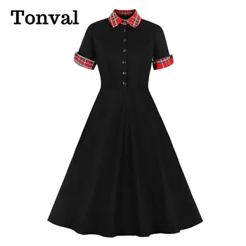 Тонвал Контрастен карирани яка и маншети на 1950-те години Винтажное черна рокля Midi копчета Елегантни дамски рокли-люлка от 95% памук