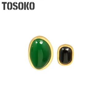Бижута от Неръждаема Стомана TOSOKO Зелен Камък Черен Камък Нередовни Обеци-карамфил Модни Асиметрични Обеци BSF445