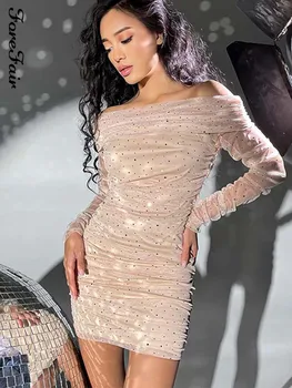 Forefair 2021 блестящи Черни мрежести плътно прилепнали секси рокли за жени с дълъг ръкав с открити рамене Есен зима Елегантна рокля за парти Мини-клуб