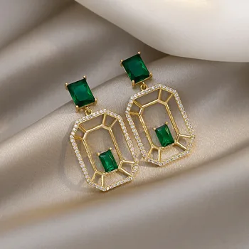 Луксозна Мода Зелена CZ Crystal Квадратни Изискани Обеци за Жени Сватба Булка 2021 Нови Обици-висулки Женски Бижута Подарък
