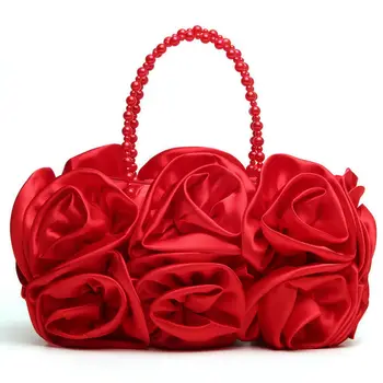 Бутиков Де-ФГГ Червено Цвете Храст Рози За жените сатен вечерна чанта с бисерной дръжка за Чанта Сватбената чанта Сватбен клатч
