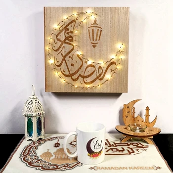 Рамадан Ейд Мубарак Дървени плавателни съдове Led Лампа-свещ Луна Дървен Стенен Декор за Дома Окачен Украшение на Светлината на Исляма Мюсюлманска партия