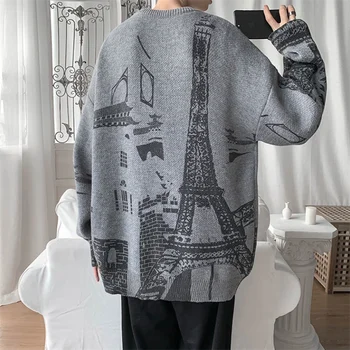 Случайни мъжки пуловер с принтом кула Пуловер с кръгло деколте Мода есен сиво свободна Реколта дрехи Вязаный 5XL на Извънгабаритни мъжки пуловер Топ