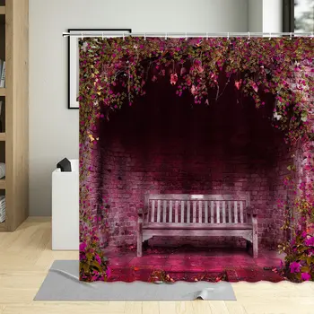 Цветни Растения Природа Завеса За Душ Пролет Зелен Бамбук Цвете на Стената 3D Прозорци Декор на Банята Полиестерен Плат Окачен Комплект Пердета
