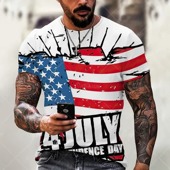 Мода Американски флаг 3D Мъжки негабаритная тениска Лятна тениска с кръгло деколте и къс ръкав Спортна тениска за фитнес Свободна дишаща градинска облекло Топ