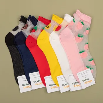 6 Цвята Пролет Лято Прозрачни Кристални Копринени Чорапи Плодови Забавни Чорапи Дамски Kawai Усмивка Плодов Мечката Мода Happy Сокс
