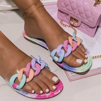 Дамски чехли в голям размер, Ежедневни летни чехли на равна подметка с веригата цвят карамел, пълзящи в сандали, Градинска домашна плажни обувки 2020
