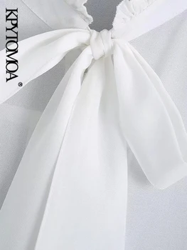 KPYTOMOA Дамска мода с лък, завязанным накъдрен Свободни блузи Реколта нагънат ръкавите на Женските ризи с копчета Blusas Шик върховете