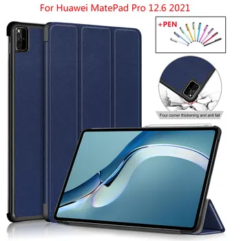 Трехслойная поставка за Huawei MatePad Pro 12.6 WGR-W19/W09 Кожен калъф с функция за автоматично събуждане от сън 2021 Таблет Smart-калъф +Стилус