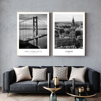 Черно-бяла Картина на платно Градски пейзаж на Париж, Лондон, Ню Йорк Плакати и щампи в скандинавски стил Стенни художествени картини Начало декор