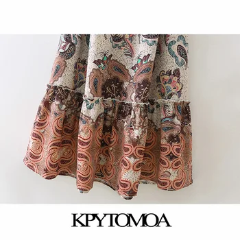KPYTOMOA Дамска мода с колан Пейсли Принт накъдрен Midi Рокля Реколта За Образно деколте с дълъг ръкав Дамски рокли Vestidos Mujer