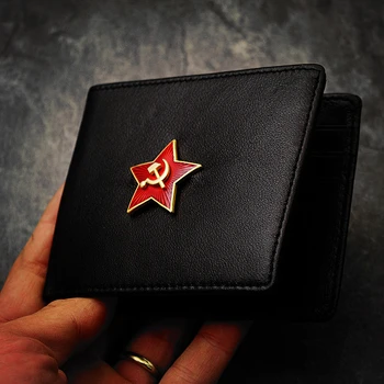 Съветският Съюз CCCP 1942 Червена Звезда Портфейла Spit Брадва овча кожа Метално документ за самоличност и Кредитна Банка Визитна картичка За съхранение на Кожен Държач за карти Мъжете