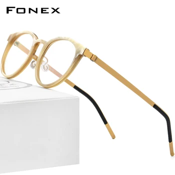FONEX Рог на Бизон Титановая Рамки За Очила Мъжете 2022 Ретро Старомодни Кръгли Очила по рецепта Дамски очила Очила F98637