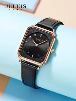 Луксозни сапфировые правоъгълни Елегантни дамски часовници Japan Mov't Дамски Часовници Изискана мода Гривна от естествена кожа Подарък за момичета Скоростна Julius