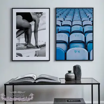 Сини Седалки Розови Стаи за Щампи и Плакат Тенис Корт Баскетбол Платно Живопис Стенно Изкуство Стадион Картина на Модерна Декорация на дома