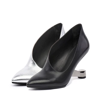 Дамски обувки на високи токчета Женски выдолбленный странен ток Обувки от естествена кожа обувки с високи токчета за Дамски обувки-лодка Черен сребрист HL70 MUYISEXI