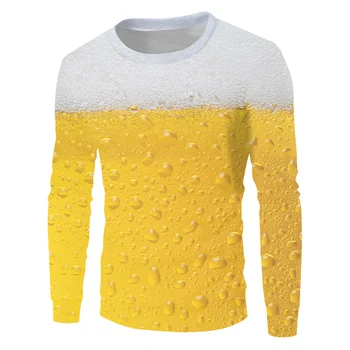 OGKB Унисекс Хип-хоп Градинска облекло в стил пънк с дълъг ръкав, Пуловери, с кръгло деколте За жени Забавен принт Свежа бира 3D Спортни ризи Оверсайз