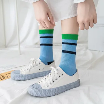 DTSTARZG Класически дамски памучни чорапи в ивицата пролет лято школа на хип-хоп кънки на къса спортни харадзюку черни, бели и сини чорапи