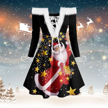 Секси Коледна рокля с кожа яка без презрамки, секси коледна рокля дантела с принтом в Ретро стил, плюшевое мини-рокля с дълги ръкави, Коледен костюм
