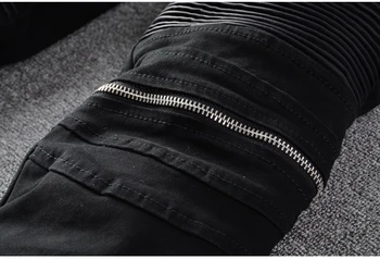 Нови мъжки мъжки черни ципове с плисирана подплата от изкуствена кожа байкерские дънки модни градинска облекло тънки тесен участък дънкови панталони панталони
