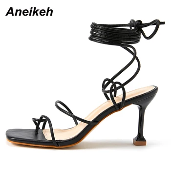 Aneikeh 2022 Нова лятна дамски обувки за партита с отворени модни g-конците от изкуствена кожа Сандали с каишка на щиколотке, завязанным на кръст, обикновен Римски възел-пеперуда