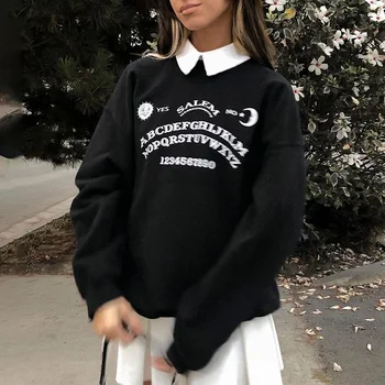 Есен-Зима 2021 Дамски дрехи Готически буквално разпечатки с дълъг ръкав Корейски Свободен Черно готически Гръндж пуловер Y2k Качулки