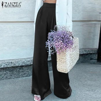 Дамски обикновена широки панталони ZANZEA Модни дълги панталони Есенни стилни сатен прави панталони Palazzo Lady OL с висока талия Извънгабаритни