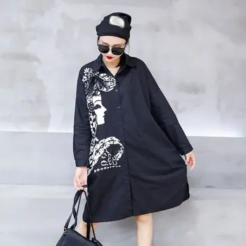 XITAO Черна рокля-риза 2021 Пролет Есен Нова принт с отложным яка Однобортный Случайни Свободен стил на Улицата WMD3528