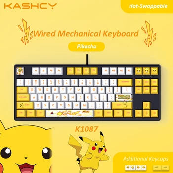 KASHCY K1087 Жълта Pika Жичен Ръчна Детска Клавиатура Взаимозаменяеми Превключвател с 87 Клавиши PBT Двете Капачки за ключове Тип-C Порт